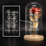 Rosa eterna placcata oro con stampa personalizzata sotto cupola di vetro e luce LED integrata – Motiv 2