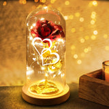Rosa eterna luminosa con campana di vetro, placcatura oro e stampa personalizzata con nomi e data anniversario – Motiv 3