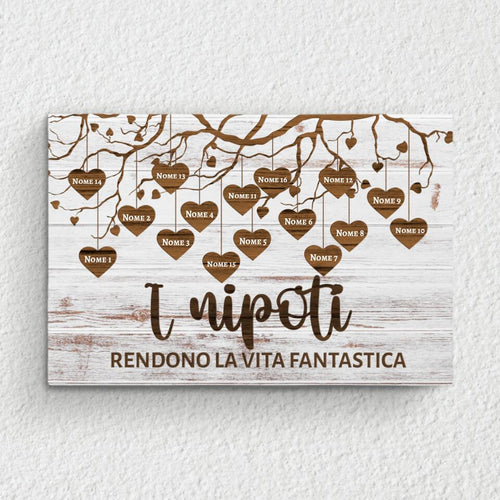 Tela personalizzata per nonni con foto e nomi dei nipoti, cornice in legno massello