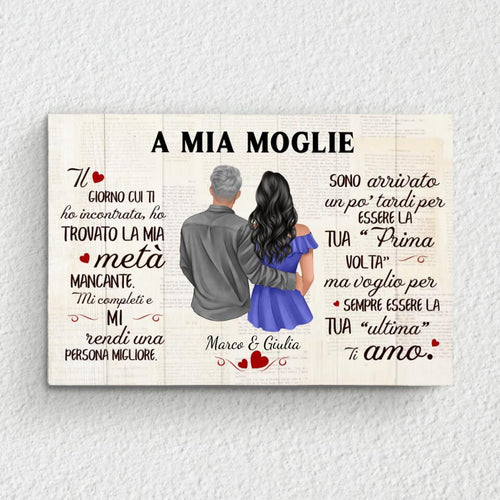 Tela personalizzata per coppia Al mio tesoro con design romantico e cornice in legno massello