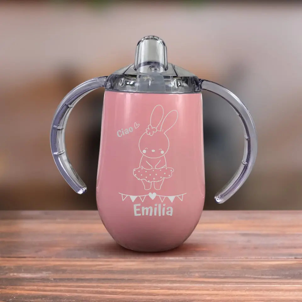 Tazza per bambini rosa Sete bestiale con manici laterali e chiusura ermetica, personalizzabile