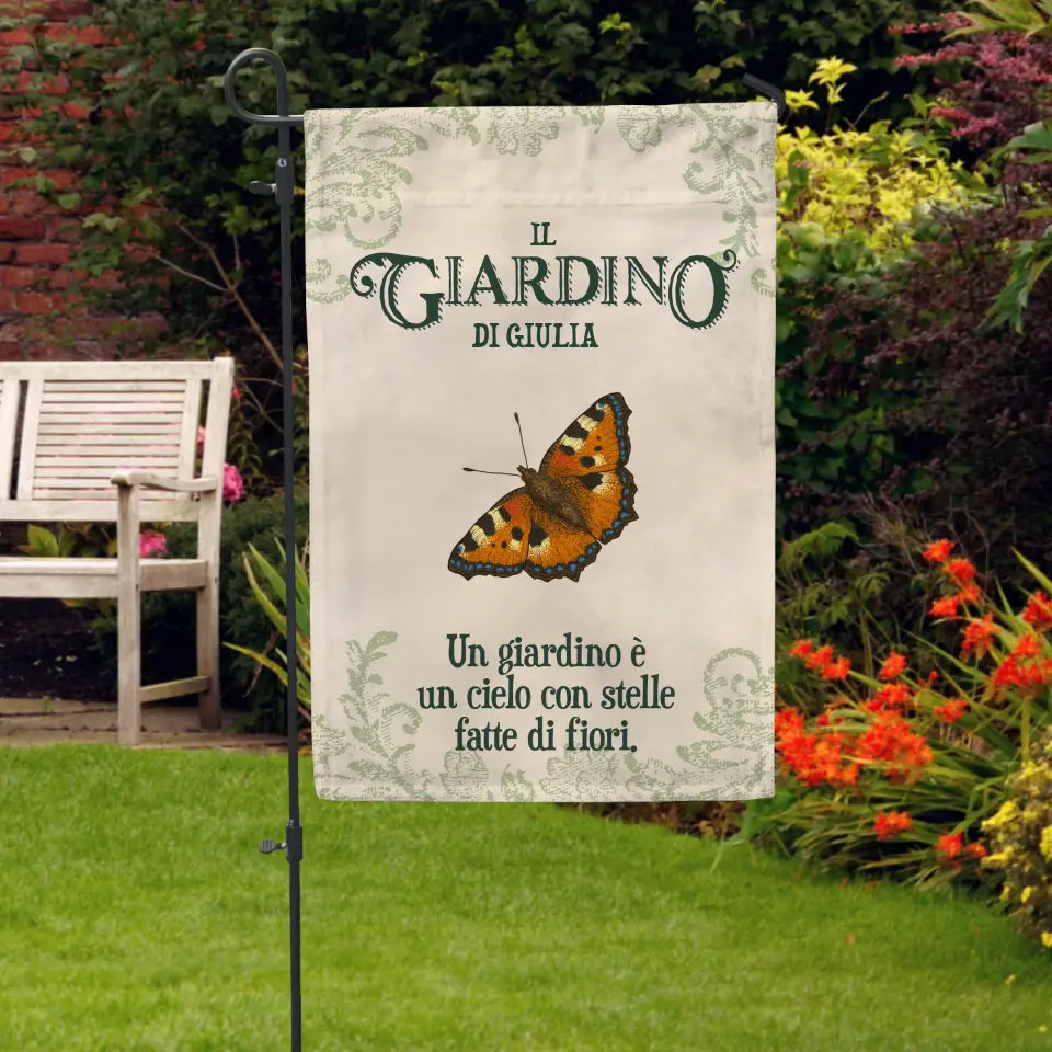 Bandiera da giardino personalizzabile La felicità in giardino con stampa personalizzata a piena superficie