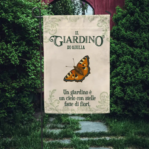 Bandiera da giardino personalizzabile La felicità in giardino con stampa personalizzata a piena superficie – Motiv 2