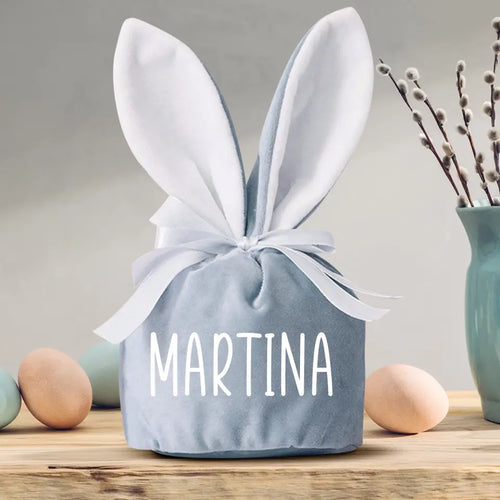 Nido di Pasqua personalizzato a forma di coniglio in tessuto vellutato con cordoncino, personalizzabile con nome – Motiv 2