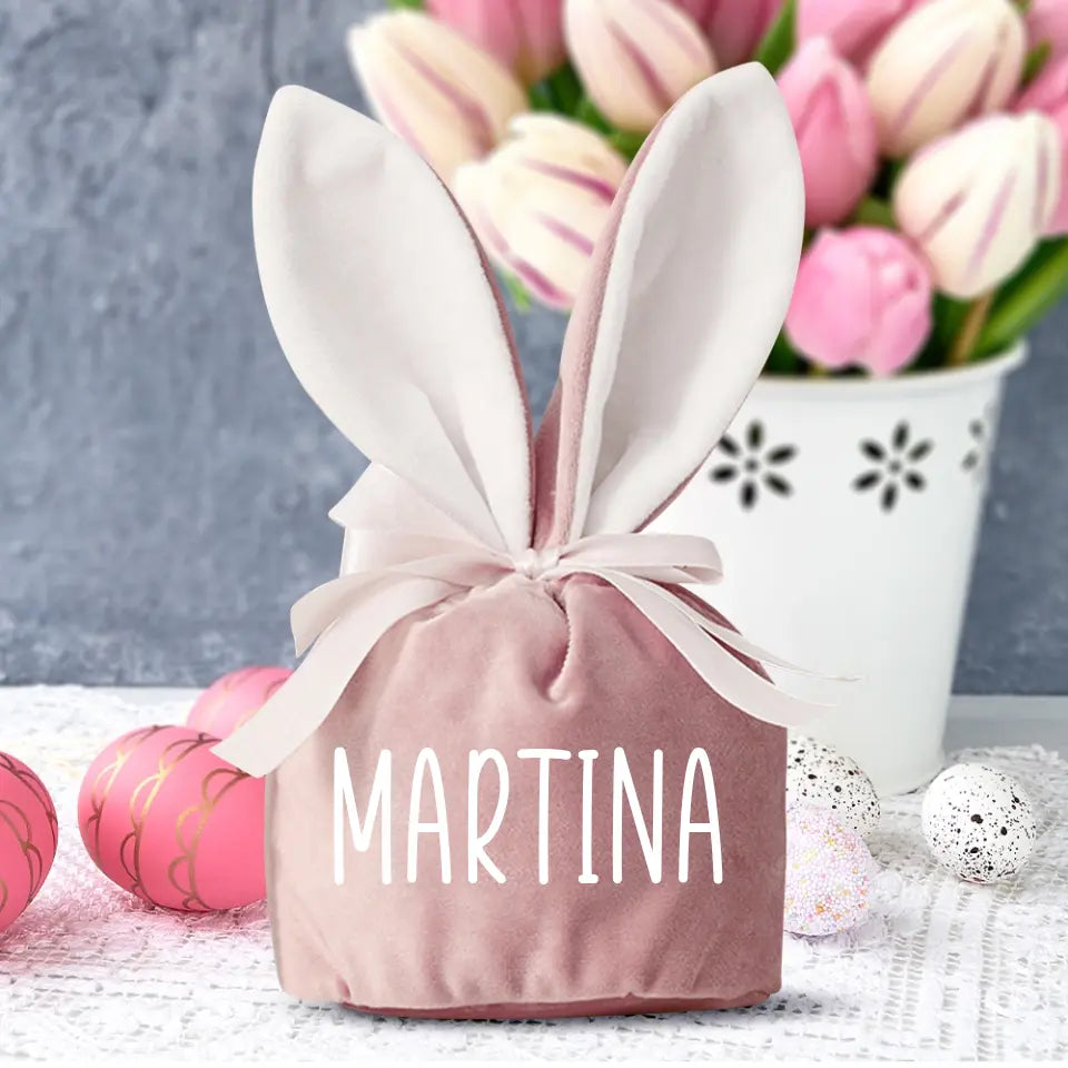 Nido di Pasqua personalizzato a forma di coniglio in tessuto vellutato con cordoncino, personalizzabile con nome