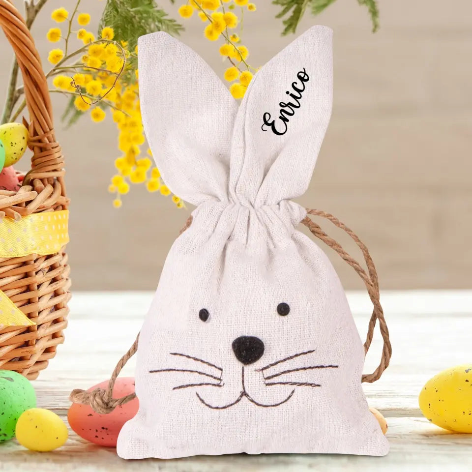 Borsa a coniglietto personalizzata per Pasqua con orecchie e cordoncino, regalo pasquale decorativo con nome