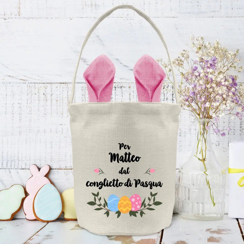 Sacchetto pasquale personalizzato con coniglietto e nome, borsa regalo Pasqua