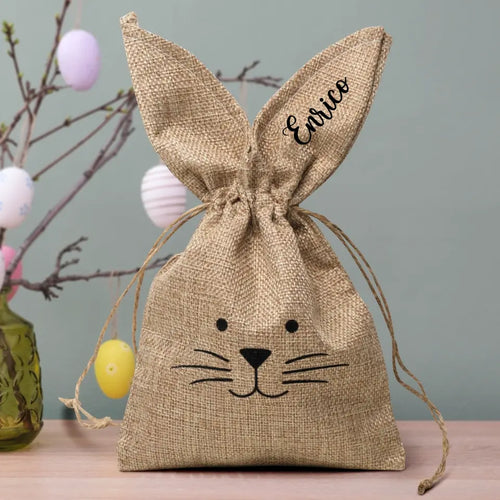 Borsa a coniglietto personalizzata con orecchie, cordoncino e nome personalizzato per regali di Pasqua