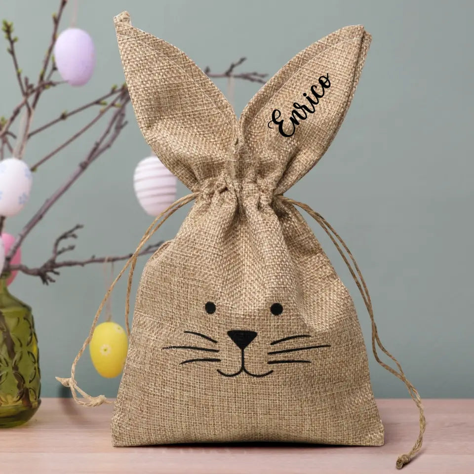 Borsa a coniglietto personalizzata con orecchie, cordoncino e nome personalizzato per regali di Pasqua