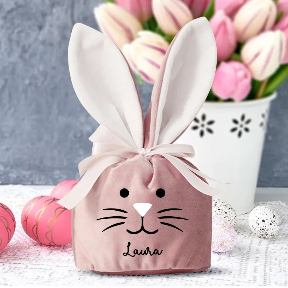 Osternest personalizzato a forma di coniglio in tessuto vellutato con cordoncino, ideale come sacchetto regalo di Pasqua