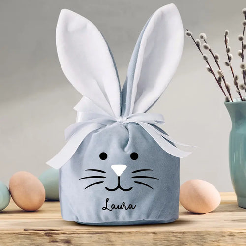Osternest personalizzato a forma di coniglio in tessuto vellutato con cordoncino, ideale come sacchetto regalo di – Motiv 2