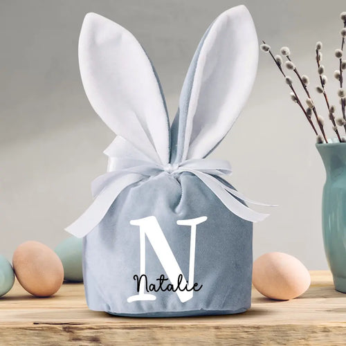 Osternest personalizzato a forma di coniglio in velluto morbido con cordoncino, decorazione Pasqua Iniziale – Motiv 2