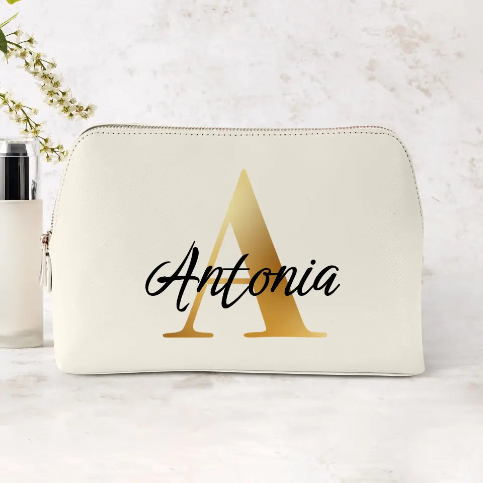 Borsa cosmetica in poliuretano con nome personalizzato Iniziale, stampa DTF