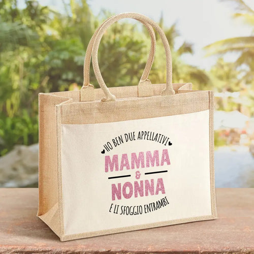 Borsa personalizzata mamma e nonna con due appellativi, manici solidi e materiale robusto ecologico