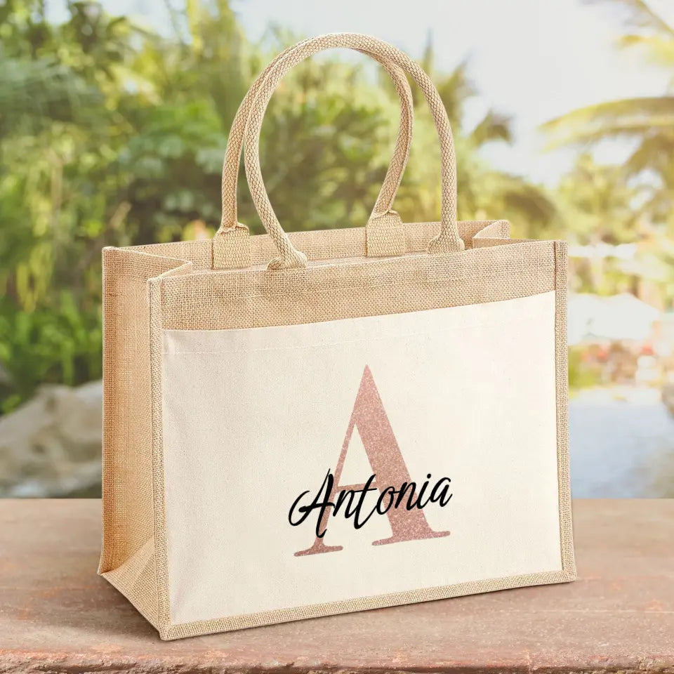 Borsa personalizzata con iniziale e nome, design robusto e pratico con manici solidi