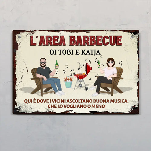 Cartello personalizzato area barbecue per esterno in Alu-Dibond con cuore in ardesia, resistente alle intemperie