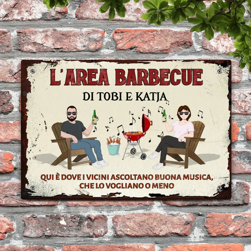 Cartello personalizzato area barbecue per esterno in Alu-Dibond con cuore in ardesia, resistente alle intemperie – Motiv 2