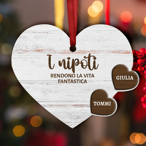 Decorazione natalizia personalizzata a forma di cuore con nomi, in legno MDF con stampa a colori vivaci – Motiv 2