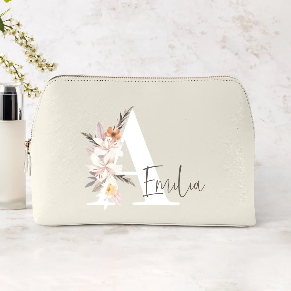 Pochette cosmetica PU con nome personalizzato, iniziale floreale e stampa DTF colorata