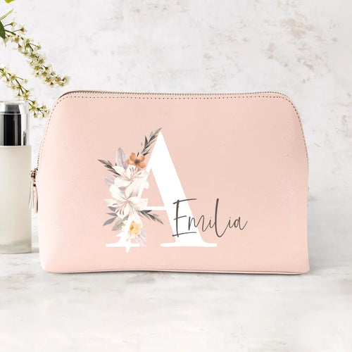 Pochette cosmetica PU con nome personalizzato, iniziale floreale e stampa DTF colorata – Motiv 2
