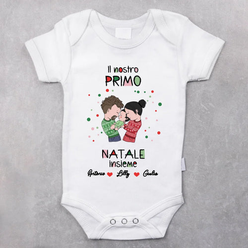 Body personalizzato neonato Primo Natale con design mamma papà, materiale morbido e confortevole