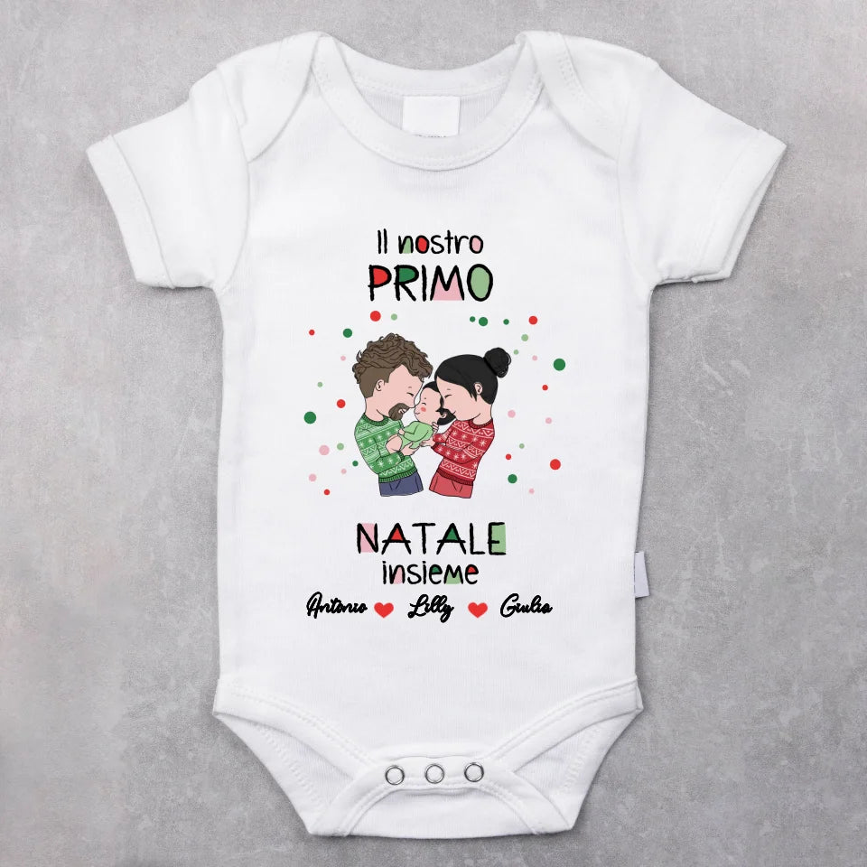 Body personalizzato neonato Primo Natale con design mamma papà, materiale morbido e confortevole