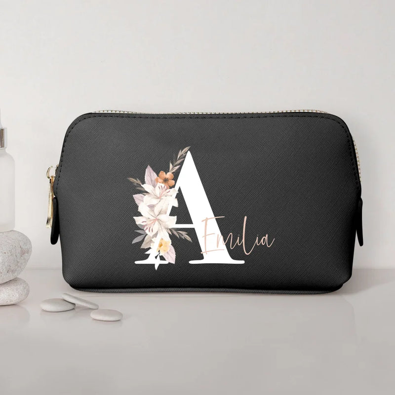 La tua iniziale - Pochette cosmetica in PU con iniziale floreale e nome personalizzato