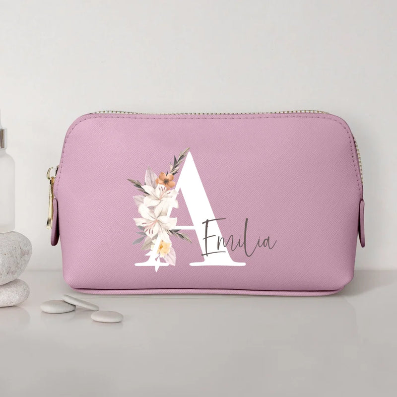 La tua iniziale - Pochette cosmetica in PU con iniziale floreale e nome personalizzato