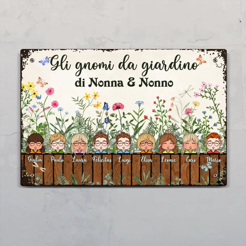 Cartello decorativo per porta giardino con bambini personalizzabili e motivi vegetali, design nonna e nonno