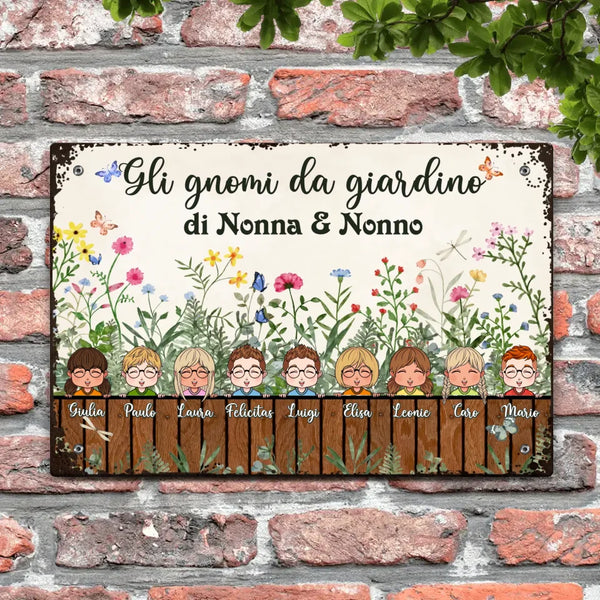 Il giardino di nonna e nonno - Cartello per porta con figurine di bambini personalizzabili e design vegetale