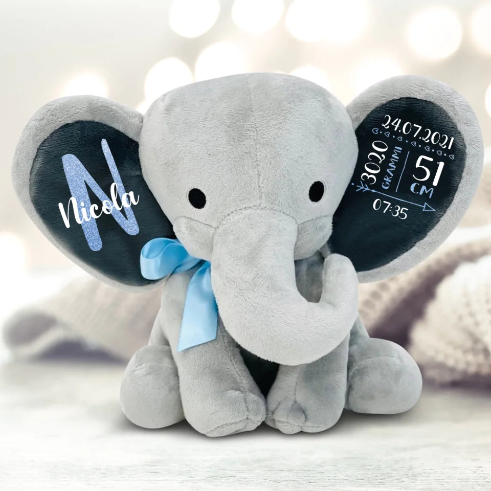 Elefante di peluche morbido personalizzato con nome, regalo nascita per neonati