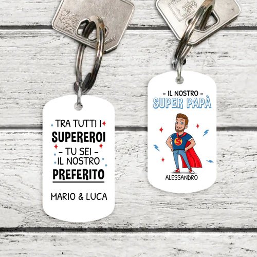 Portachiavi personalizzato Super Papà in acciaio inossidabile spazzolato con stampa su entrambi i lati