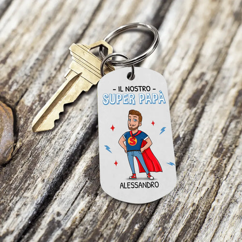 Portachiavi personalizzato Super Papà in acciaio inossidabile spazzolato con stampa su entrambi i lati – Motiv 2
