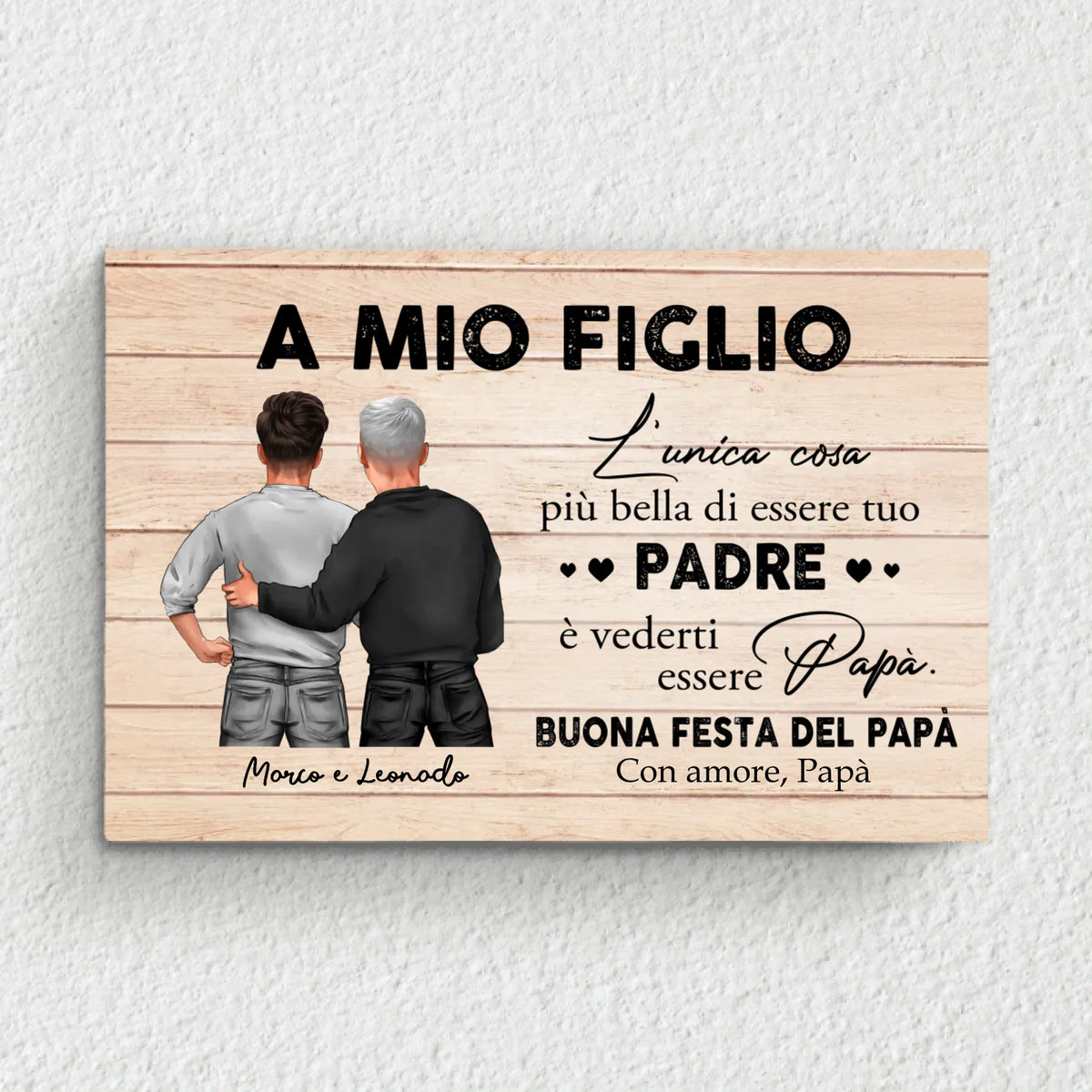 Tela personalizzata con dedica A mio figlio per la Festa del Papà, stampa alta qualità con colori brillanti e cornice in