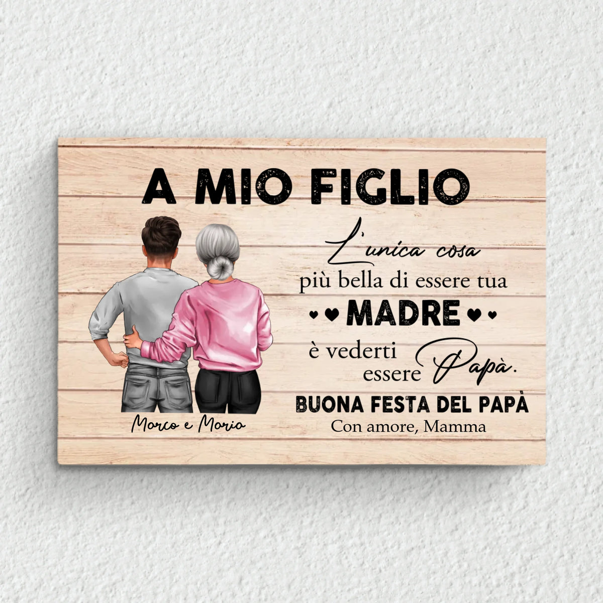 Tela personalizzata Festa del Papà con nome del figlio, stampa alta qualità e cornice legno