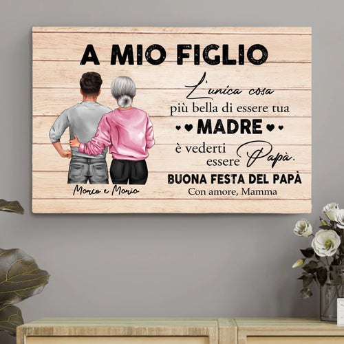 Tela personalizzata Festa del Papà con nome del figlio, stampa alta qualità e cornice legno – Motiv 2