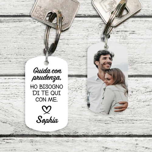 Portachiavi coppia in acciaio personalizzato Guida con prudenza, stampa doppia lato con design esclusivo