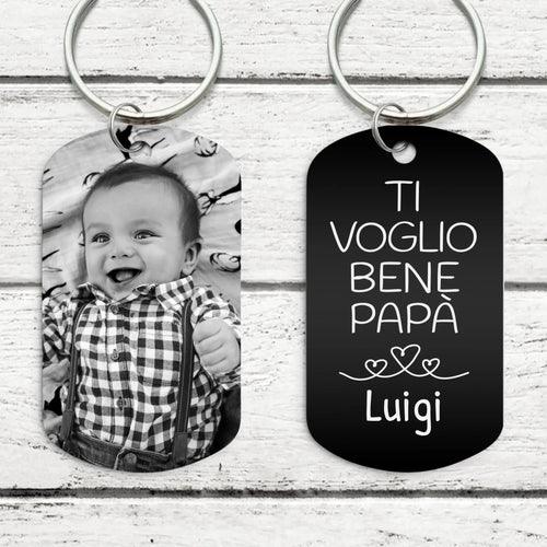 Portachiavi papà in metallo nero inciso con personalizzazione e gravure su entrambi i lati