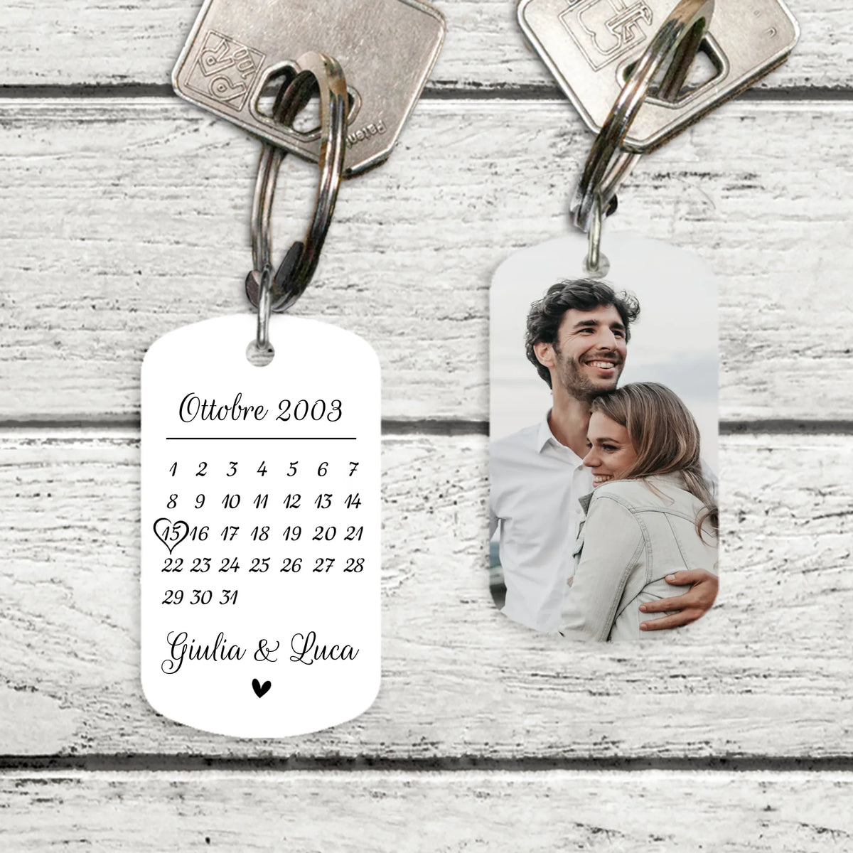 Portachiavi metallo personalizzato con foto anniversario per coppie, stampa fronte retro in acciaio inossidabile