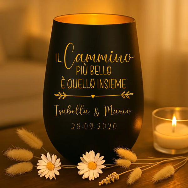 Regalo personalizzato: portacandela nero e oro con incisione dei nomi - realizzato da Love & Faith