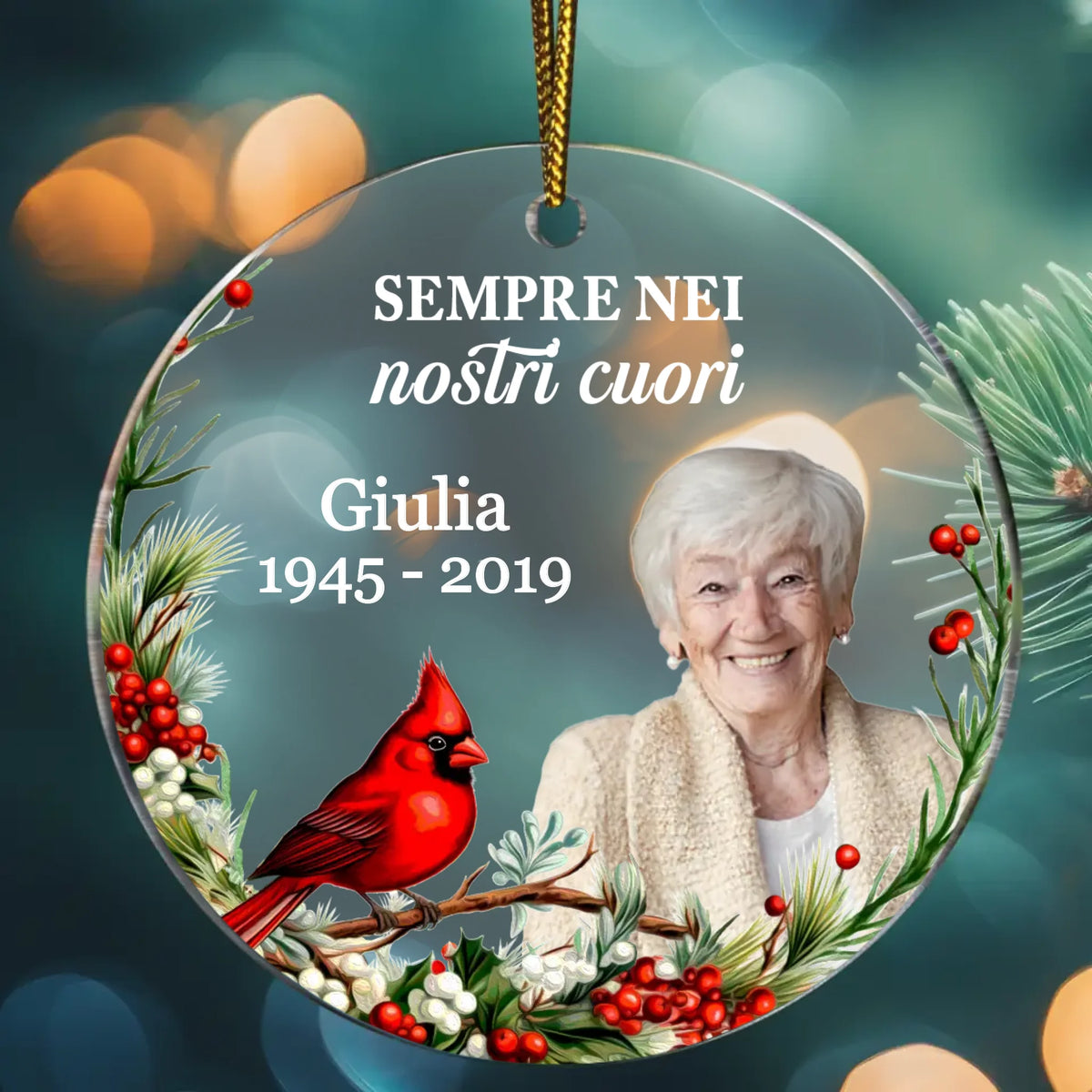 Ornamento acrilico personalizzato per albero di Natale con design Sempre nei nostri cuori