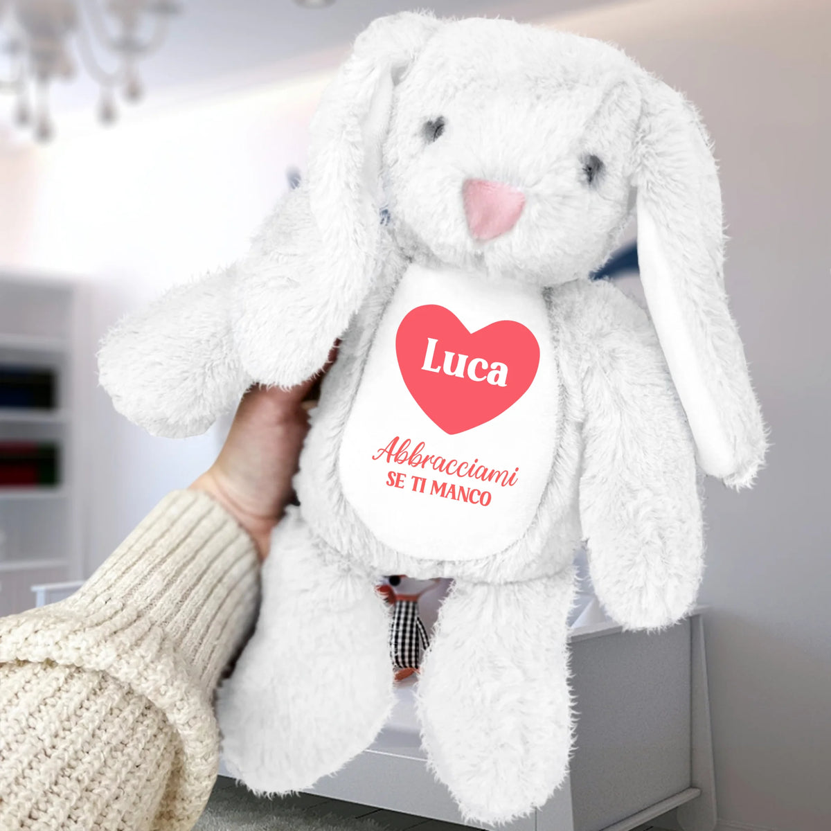 Stoffhase personalizzato Abbracciami, peluche coniglio morbido 34 cm per bambini