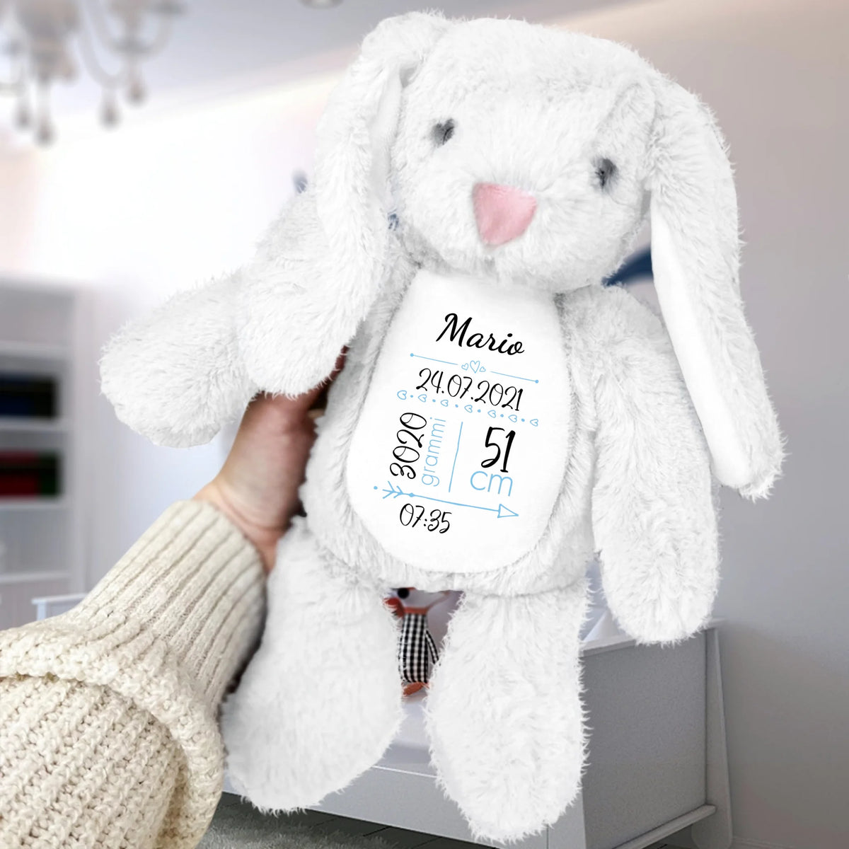 Peluche coniglietto morbido personalizzabile 34 cm per bambini, tessuto premium senza sostanze chimiche