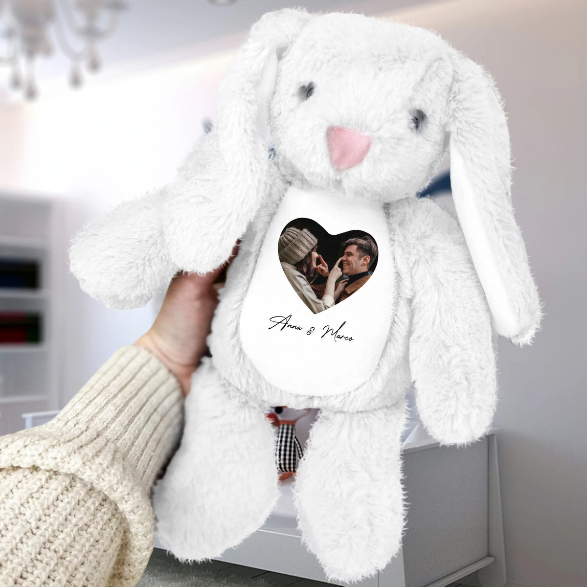 Coniglietto di peluche personalizzato con foto e nome, morbido tessuto premium, altezza 34 cm
