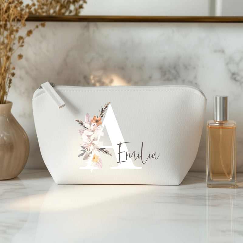 La tua iniziale - Pochette cosmetica in feltro con iniziale floreale e nome personalizzato