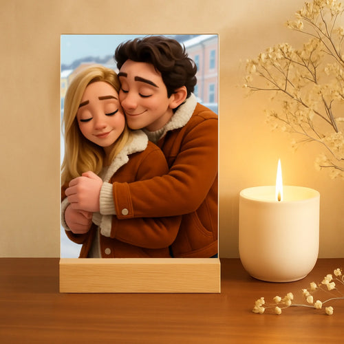 Espositore acrilico personalizzato Cartoon Love con stampa UV e grafica cartoon, formato verticale