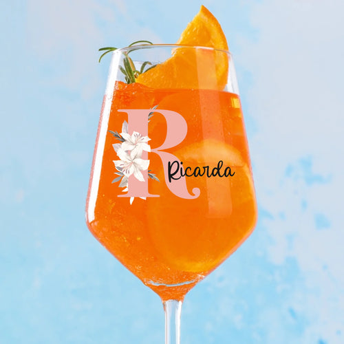 Calice vino personalizzato Fiore con nome e iniziale, stampa a colori intensi, 450 ml – Motiv 2