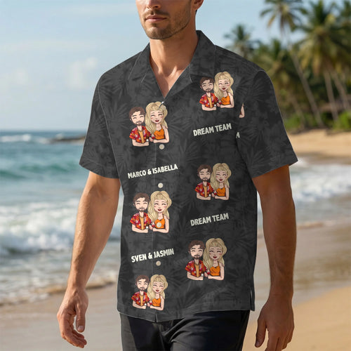 Camicia hawaiana per coppie Dream Team con sfondo colorato e personalizzazione nomi – Motiv 2