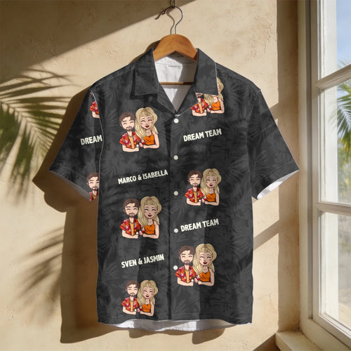Camicia hawaiana per coppie Dream Team con sfondo colorato e personalizzazione nomi