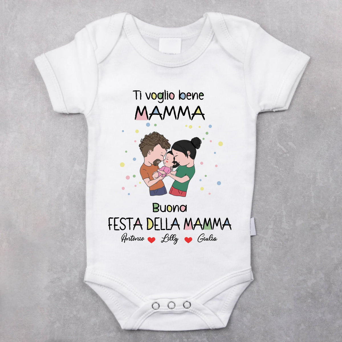 Body neonato personalizzato con nome per Festa della Mamma e del Papà, in materiale morbido e confortevole